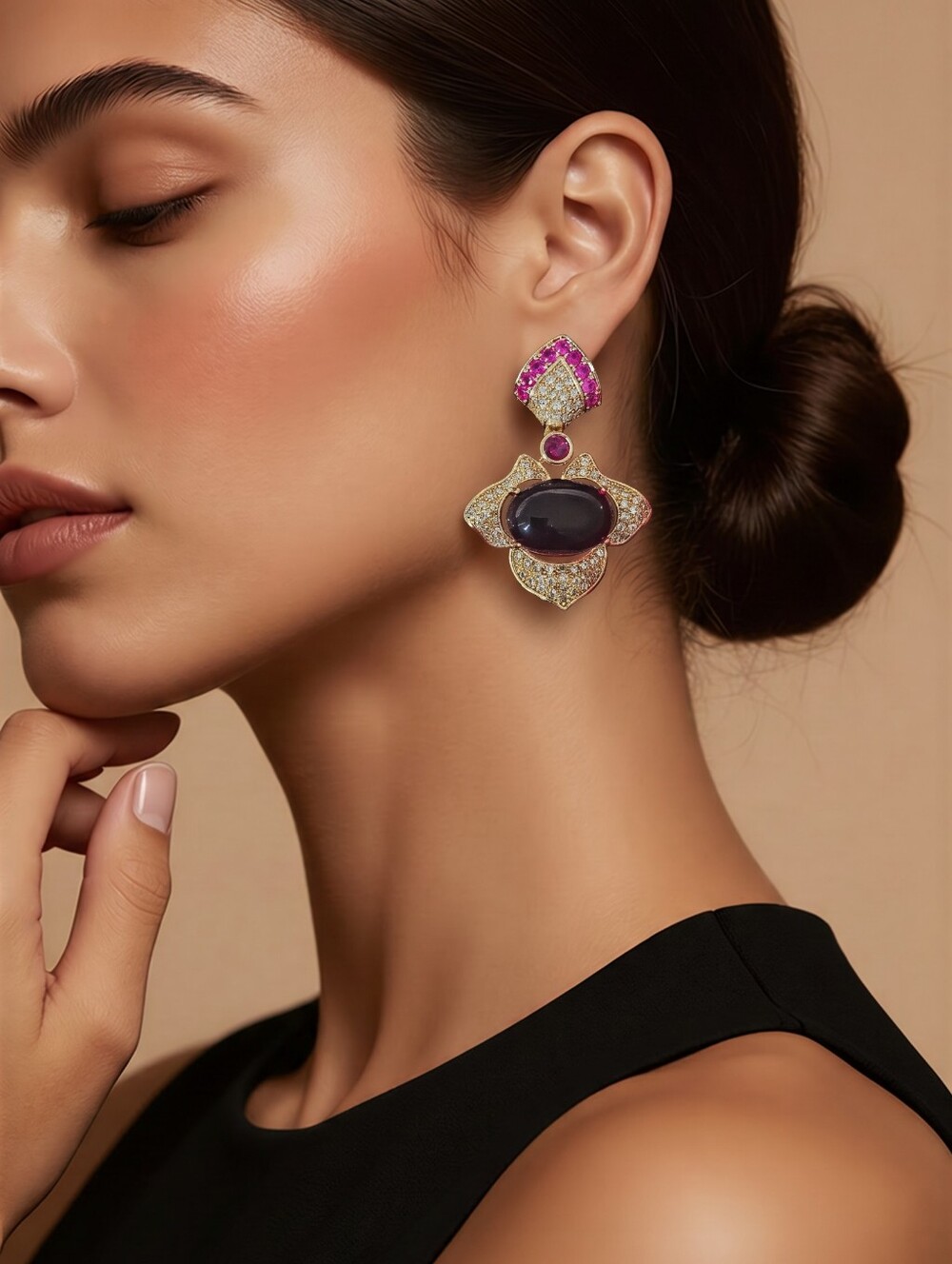 Elegant Pink and Black Gemstone Drop Earrings